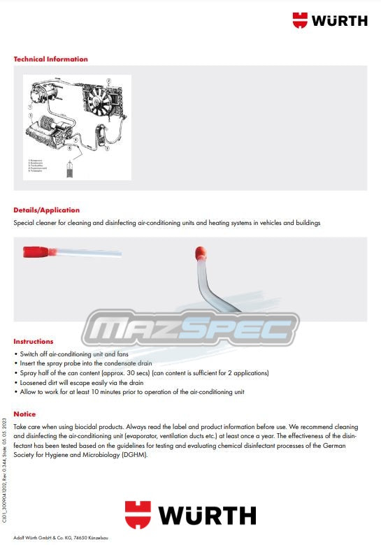 Wurth Air Conditioning Disinfectant Spray & Tube - Disinfectant & Cleanser