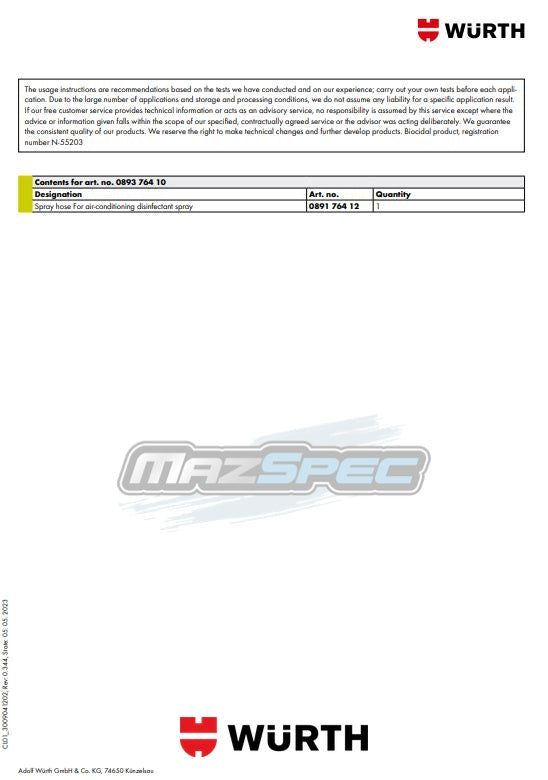 Wurth Air Conditioning Disinfectant Spray & Tube - Disinfectant & Cleanser
