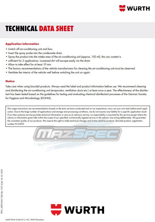 Wurth Air Conditioning Disinfectant Spray & Tube - Disinfectant & Cleanser