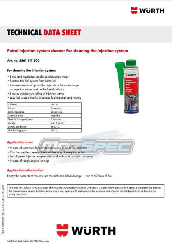 Wurth Petrol Injection Cleaner - Fuel System Injection Cleaner 300ml