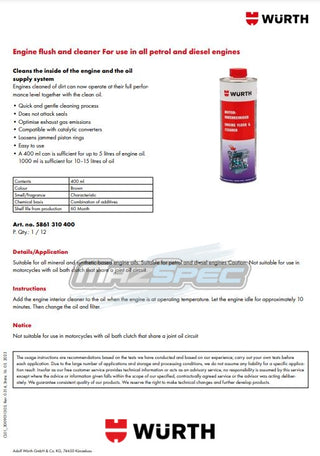 Wurth Engine Flush & Cleaner - Engine Oil System / Galleries Additive 400ml