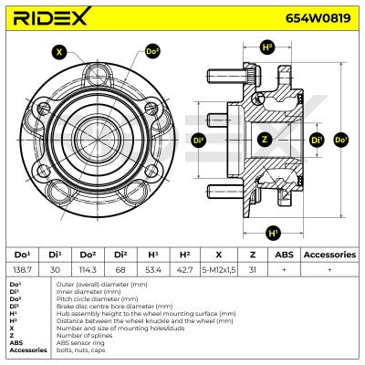 RIDEX Front Wheel Hub & Bearing – Mazda3 BM/BN, Mazda6 GJ/GL, CX-5 KE/KF • 654W0819