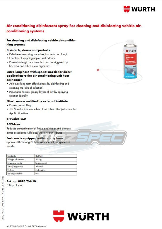 Wurth Air Conditioning Disinfectant Spray & Tube Disinfectant & Clea