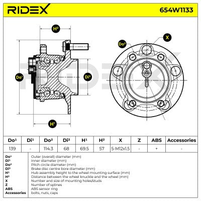 RIDEX Rear Wheel Hub & Bearing – Mazda3 BM/BN, Mazda6 GJ/GL, CX-5 KE/KF • 654W1133
