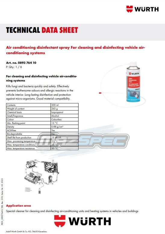 Wurth Air Conditioning Disinfectant Spray & Tube Disinfectant & Clea