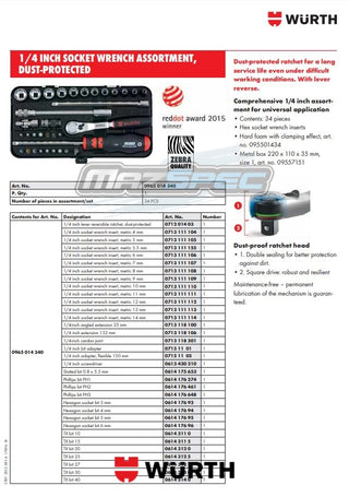 Wurth 34pcs 1/4 Inch Socket Set / Wrench Assortment With Case