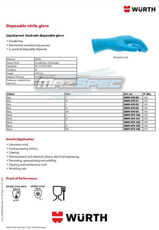 Wurth Heavy Duty Disposable Nitrile Rubber Gloves x100