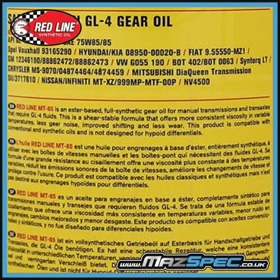 Red Line MT-85 75W/85 GL-4 Manual Transmission Gear Oil • 3.78L